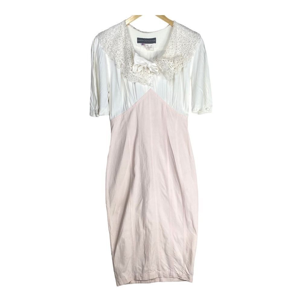 Vintage 90s Karen Alexander Dress 6 Pink White Lace Midi Cottagecore Romantic